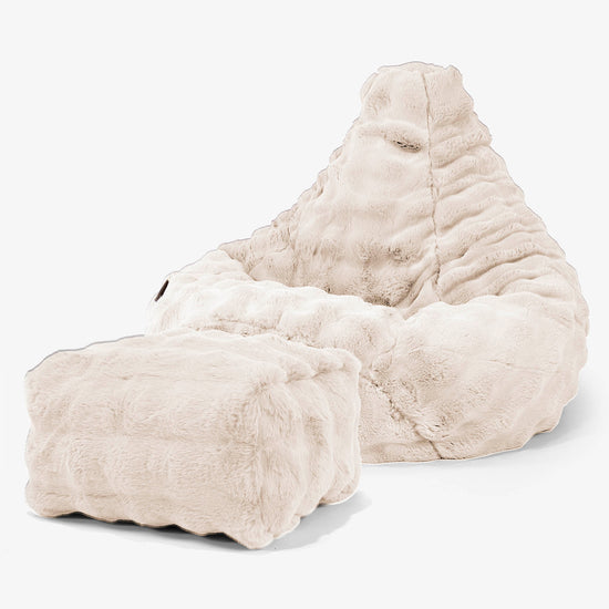 ハイバック背もたれビーズクッションチェア - ポンポンファークリーム 01